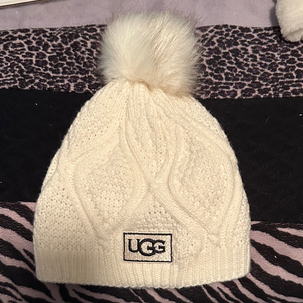 UGG White Cable Knit Beanie with Pom and white gloves